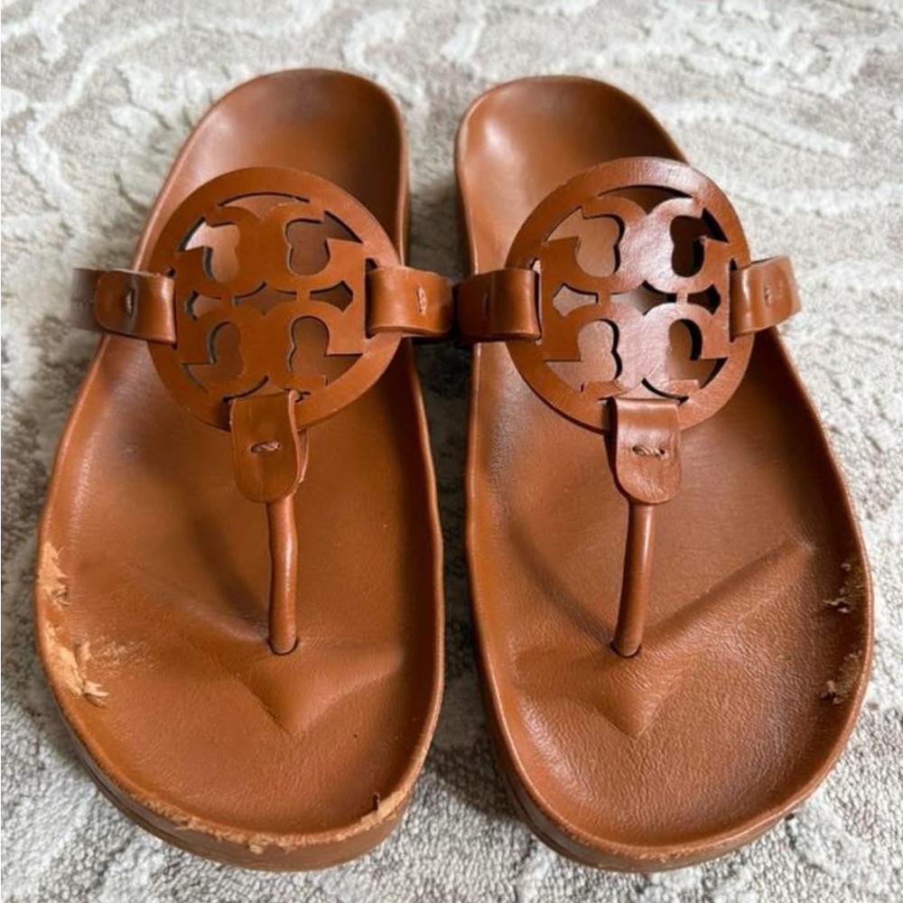Tory Burch Cognac Leather Logo Toe-Post Sandals